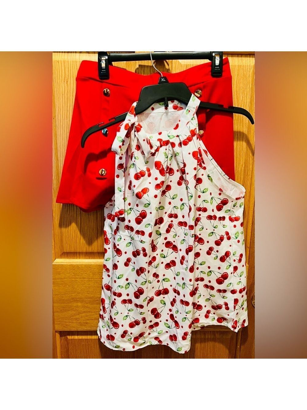 Retro Cherry Print Halter Tank Top Matching Skort